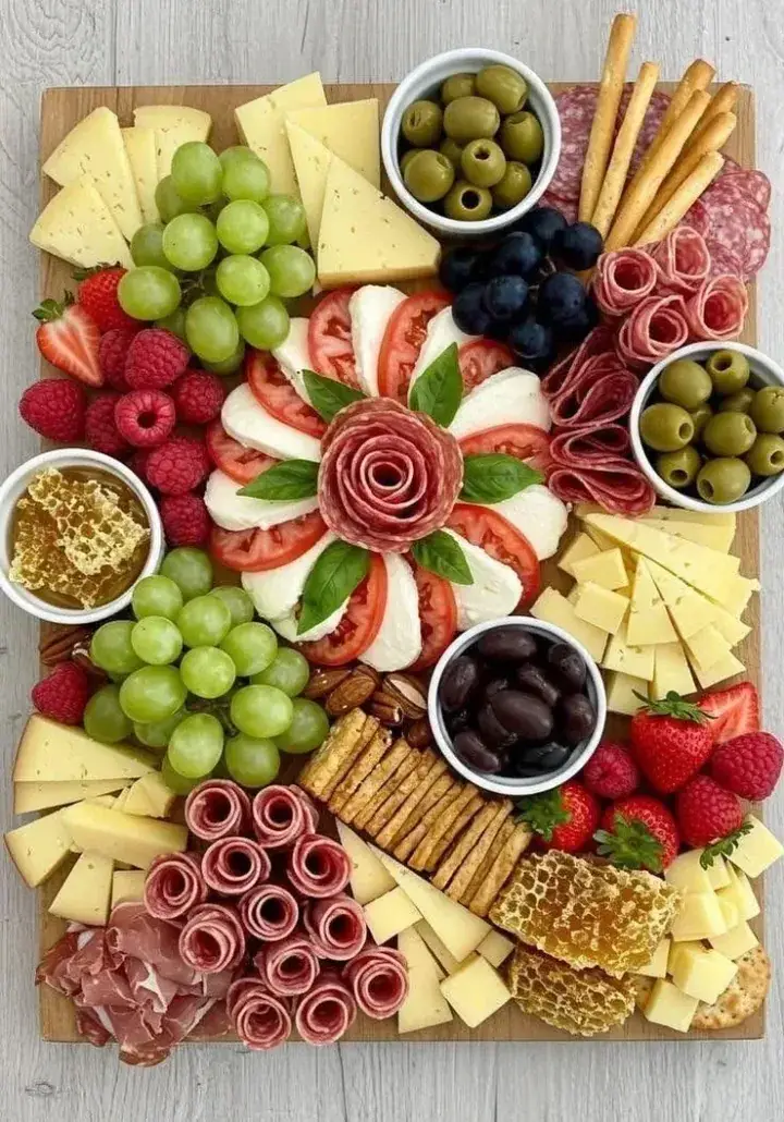 Tabla alargada con quesos, embutidos y fruta